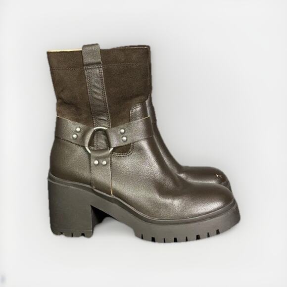 Blondo Rebel Leather Waterproof Boots Womens Size 7.5 Chunky Brown Biker Grunge - Picture 1 of 8